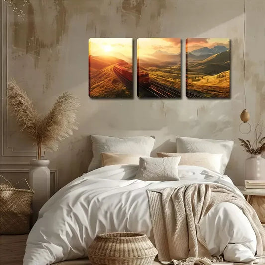 3pcs Scenic Mountain Train Warm Sunset Landscape Wall Art Set Canvas Framed 40x60cm - High Quality Print 100% Australian Made Wall Canvas Ready to Hang