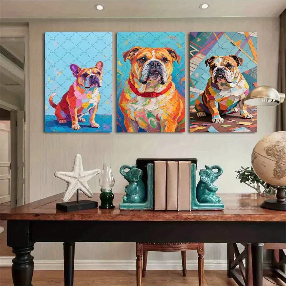 3pcs Vibrant Watercolor Bulldogs Blue Orange Metal Print Ready to Hang Art