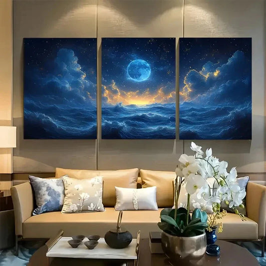 3pcs Full Moon & Stars Amidst Swirling Clouds Metal Print Ready to Hang Art