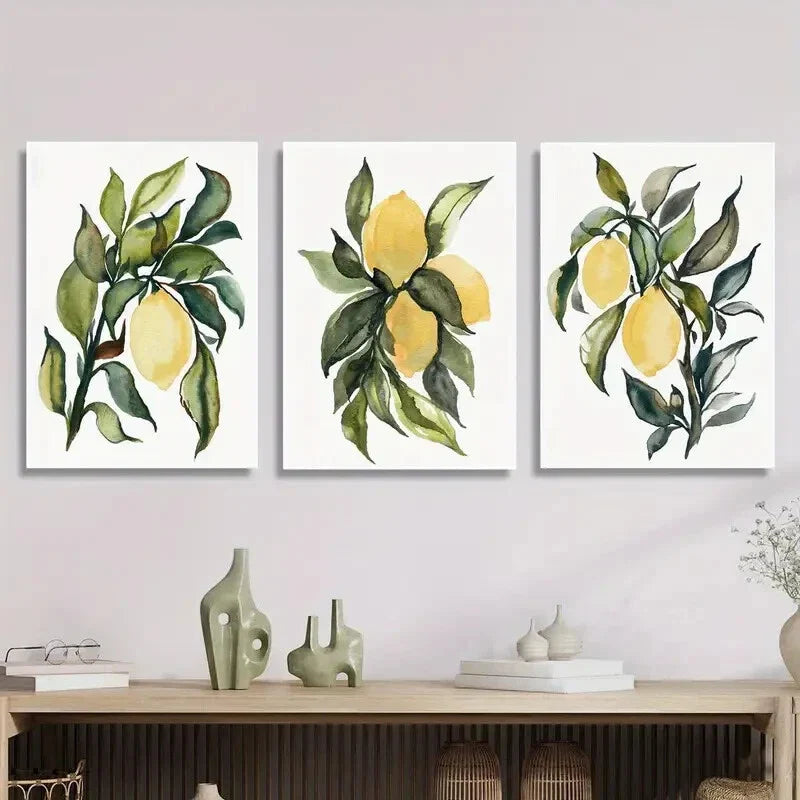 3pcs Botanical Fruit Illustrations with Green Leaf Metal Print Ready to Hang Art