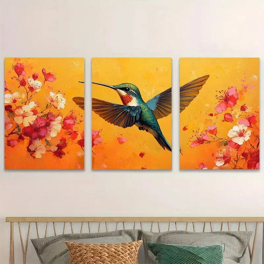 3pcs Vibrant Tropical Hummingbird & Florals Design Metal Print Ready to Hang Art