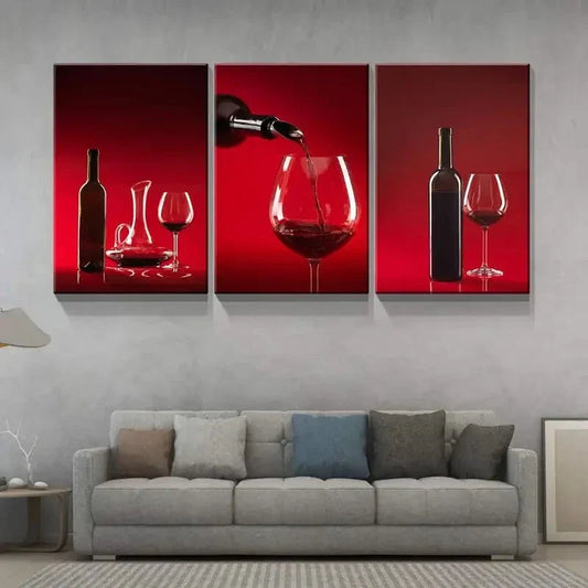 3pcs Red Wine and Glass Painting Metal Print Ready to Hang Art