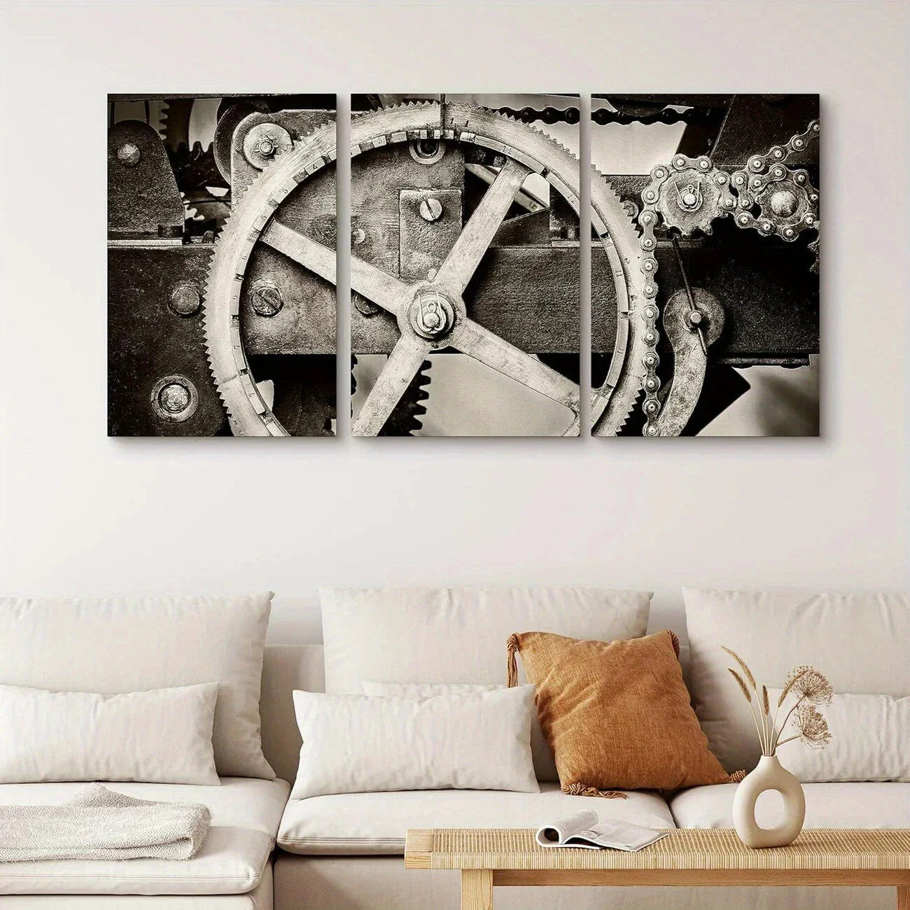 3pcs Vintage Gray Mechanical Gear Geometric Shapes Metal Print Ready to Hang Art