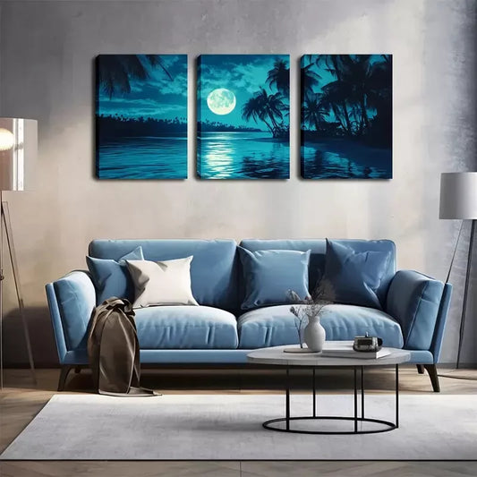 3pcs Night, Moon, Coconut Tree Wall Art Set Canvas Framed 40x60cm - High Quality Print 100% Australian Made Wall Canvas Ready to Hang