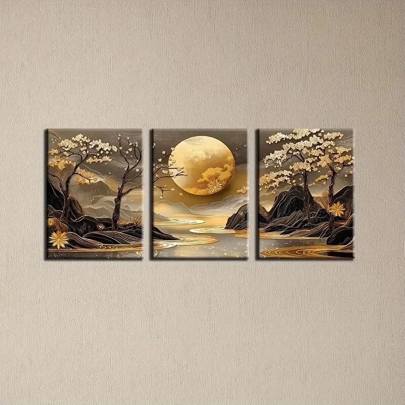 3pcs Enchanting Golden Sun and Mountains Metal Print Ready to Hang Art