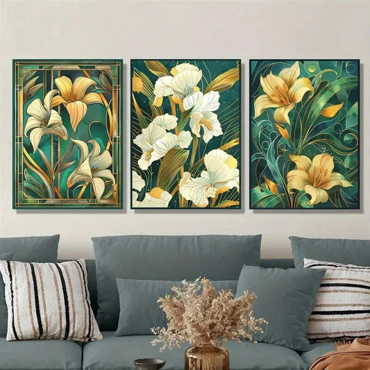 3pcs Art Nouveau, floral plants, Metal Print Ready to Hang Art