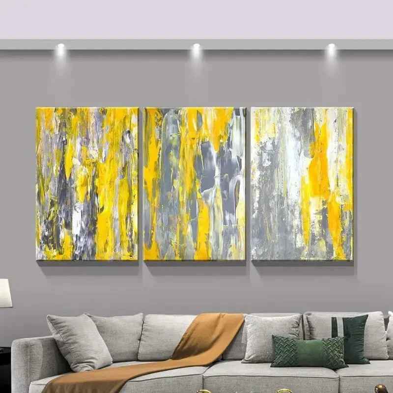 3pcs Yellow and Gray Abstract Painting Metal Print Ready to Hang Art