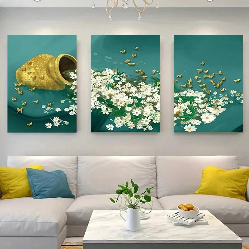 3pcs Serene Daisy Goldfish Teal White Floral Metal Print Ready to Hang Art