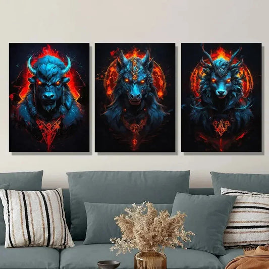 3pcs Ferocious animal art with red flames, Colorful Metal Print Ready to Hang Art