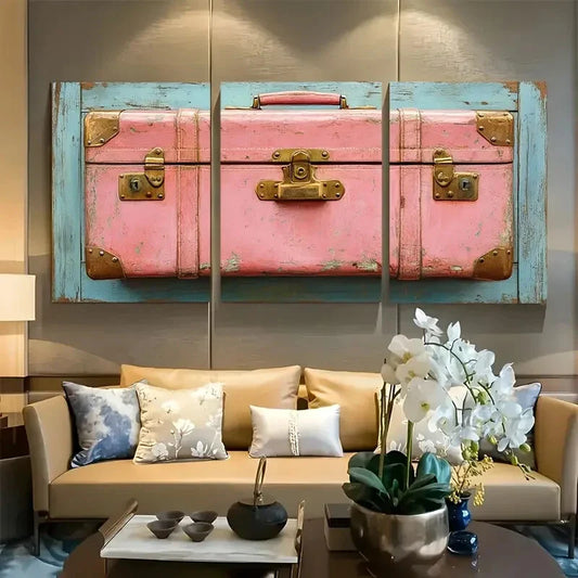 3pcs Vibrant Pink Suitcase Metal Print Ready to Hang Art