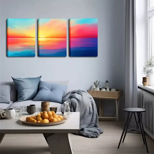 3pcs Ocean Sunset with Reflective Water Wall Art Set Canvas Framed 40x60cm - High Quality Print 100% Australian Made Wall Canvas Ready to Hang