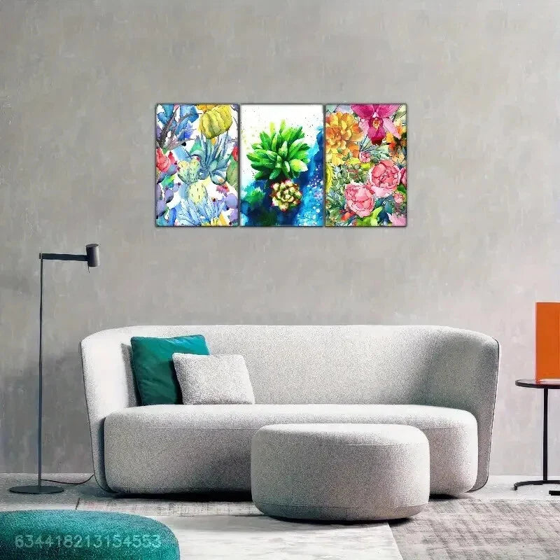 3pcs Vibrant Watercolor Flower Canvas Art Metal Print Ready to Hang Art