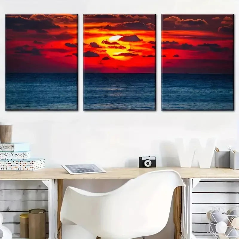 3pcs Simple Style Vibrant ocean sunset scenery Wall Art Set Canvas Framed 40x60cm - High Quality Print 100% Australian Made Wall Canvas Ready to Hang