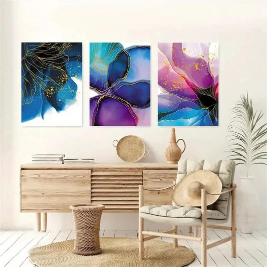 3pcs Purple and Blue Abstract Floral Design Metal Print Ready to Hang Art