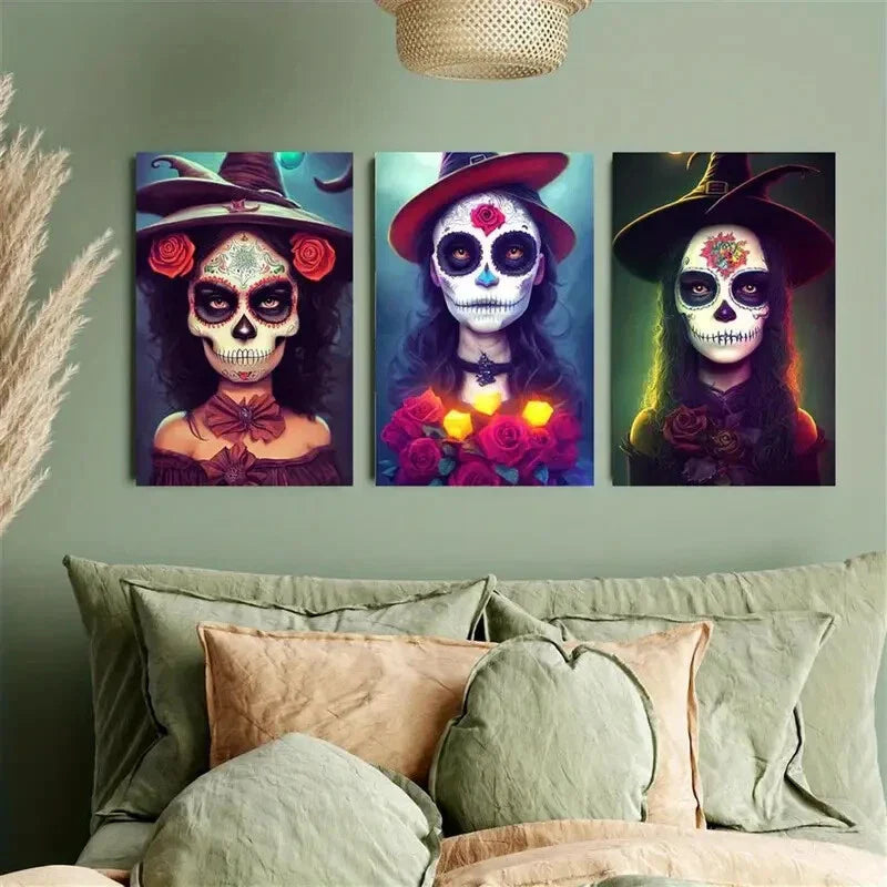 3pcs Steampunk Skeleton Witch Metal Print Ready to Hang Art