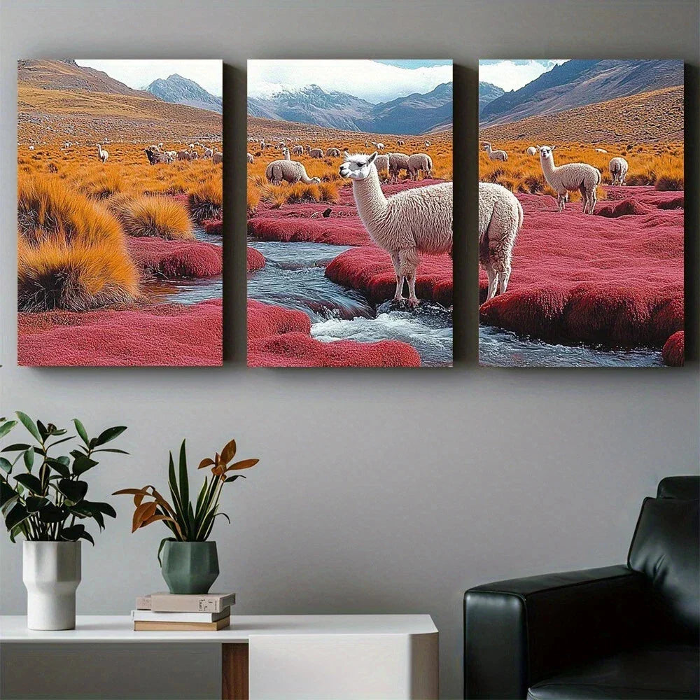 3pcs Alpaca Standing Stream on a Red Hill Metal Print Ready to Hang Art