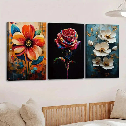 3pcs Vibrant Florals Paint Roses Peonies Orange Wall Art Set Canvas Framed 40x60cm - High Quality Print 100% Australian Made Wall Canvas Ready to Hang