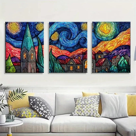 3pcs Stained Glass Starry Night Van Gogh Metal Print Ready to Hang Art