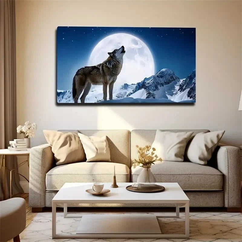 Moonlit Snow Wolf Wall Art Canvas Office Home Room Framed 80x45cm