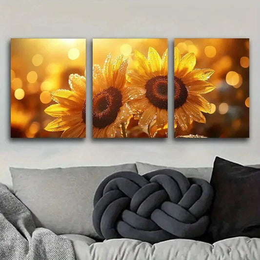 3pcs Sunflower Morning Dew Design Metal Print Ready to Hang Art