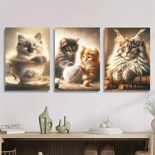 3pcs Cute Animal Cat Art Cat Murals Painting Metal Print Ready to Hang Art