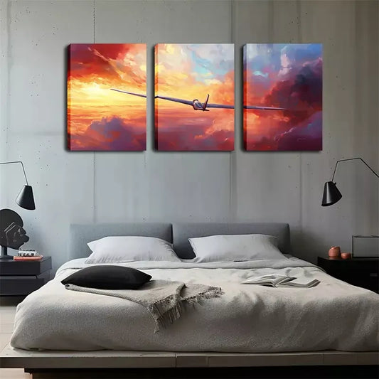 3pcs Flying Machine In The Sky Wall Art Set Canvas Framed 40x60cm - High Quality Print 100% Australian Made Wall Canvas Ready to Hang