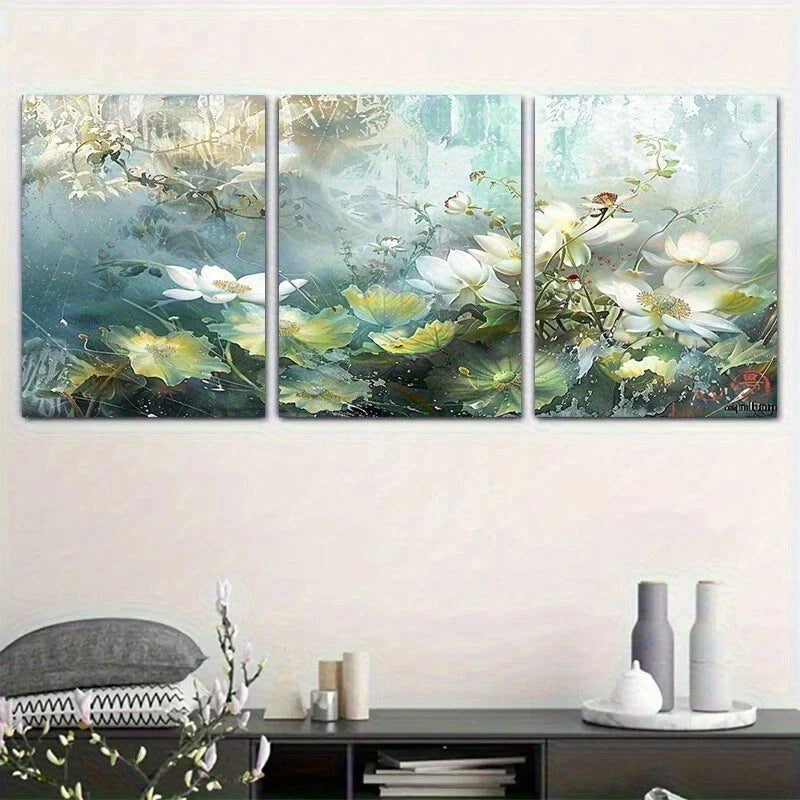 3pcs Peaceful Lotus Pond Triple Painting Lotus Metal Print Ready to Hang Art