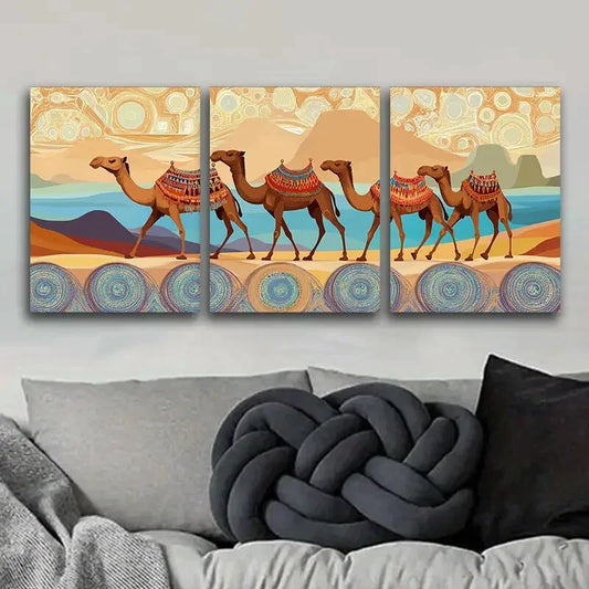 3pcs Decor with Camels, Dunes & Sunset Metal Print Ready to Hang Art