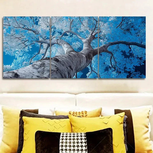 3pcs Vibrant Blue Poplar Tree with Sunlit Leaves Wall Art Set Canvas Framed 40x60cm - High Quality Print 100% Australian Made Wall Canvas Ready to Hang