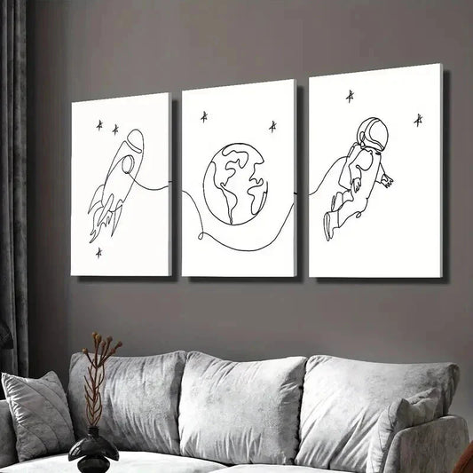 3pcs Earth Rocket Astronaut Line Drawings Wall Art Set Canvas Framed 40x60cm - High Quality Print 100% Australian Made Wall Canvas Ready to Hang