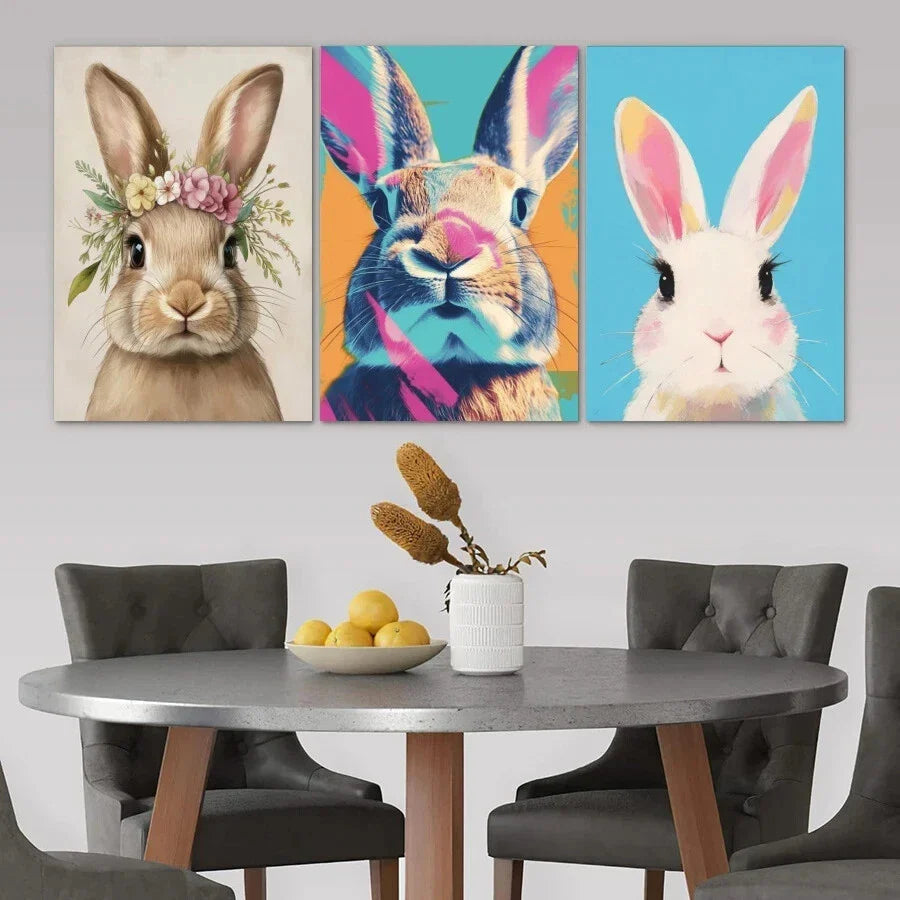3pcs Cutest Bunnies Flowers On Head Metal Print Ready to Hang Art