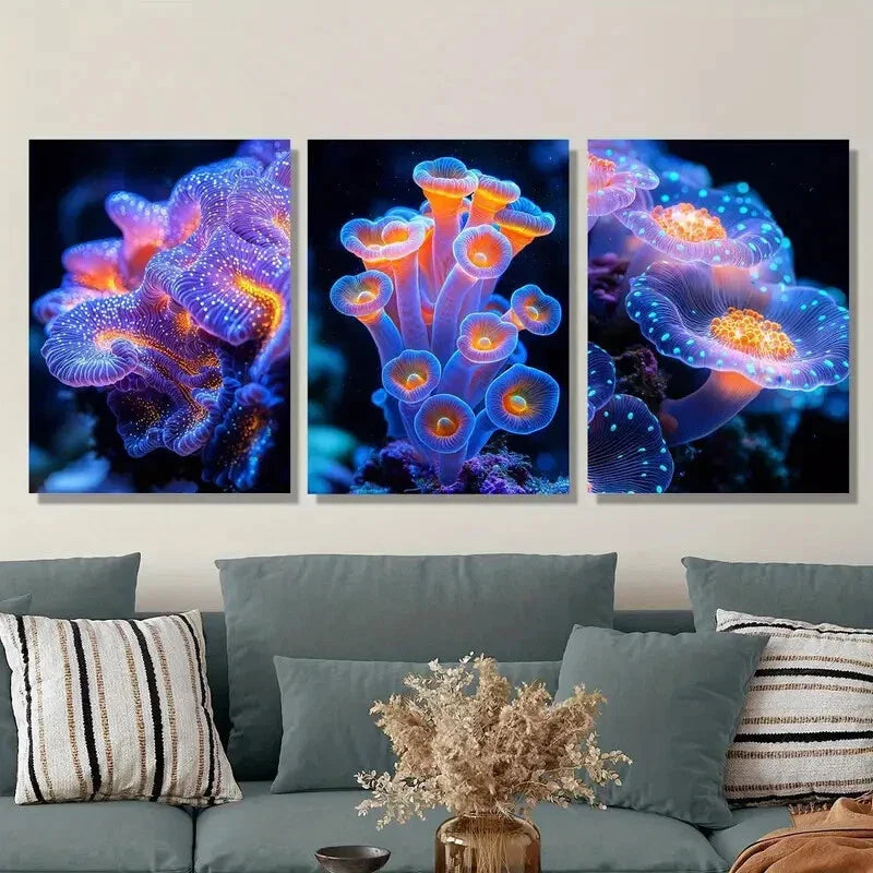 3pcs Colorful coral reefs bloom with various flower Metal Print Ready to Hang Art