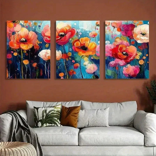 3pcs Vibrant Poppy & Daisy Painting Wall Art Set Canvas Framed 40x60cm - High Quality Print 100% Australian Made Wall Canvas Ready to Hang