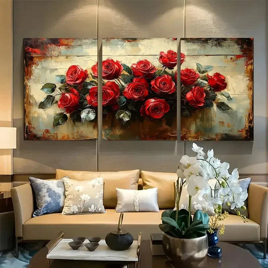 3pcs Elegant Romantic Red Rose Bouquet Metal Print Ready to Hang Art