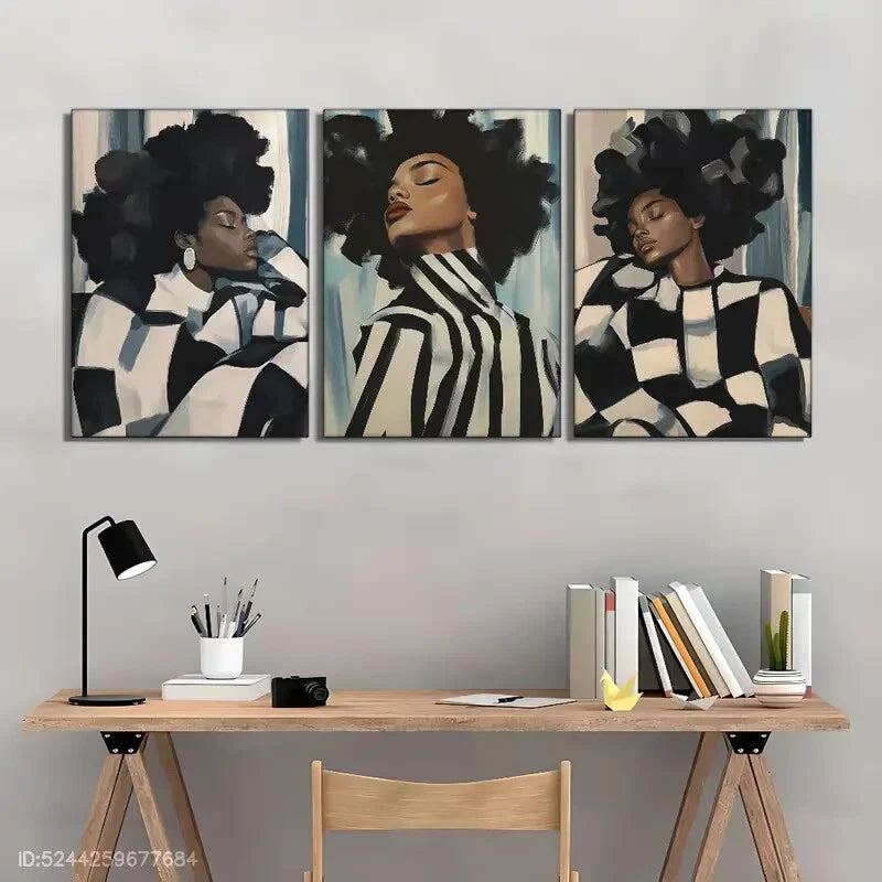 3pcs Abstract African Woman Feminine Portraits Metal Print Ready to Hang Art