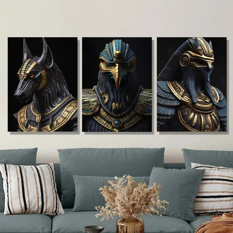 3pcs Egyptian Mythology Golden Pharaoh & Anubis Art Metal Print Ready to Hang Art
