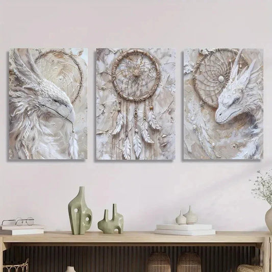 3pcs mythical creatures, dragons, dream catchers Metal Print Ready to Hang Art