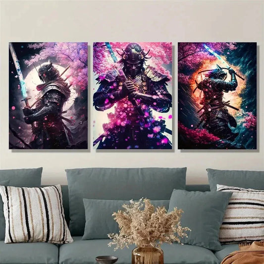 3pcs Painting of samurai in cherry blossom garden Metal Print Ready to Hang Art