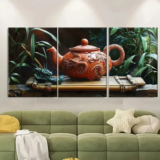 3pcs Clay Teapot with Dragon Motifs and Bamboo TrayMetal Print Ready to Hang Art
