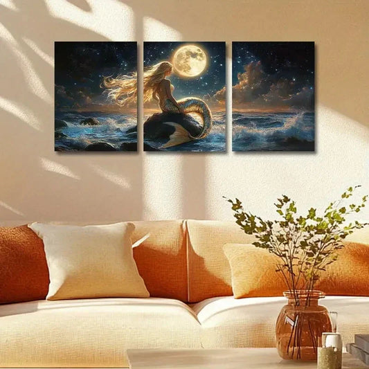3pcs Enchanting Mermaid in the Moonlight Metal Print Ready to Hang Art