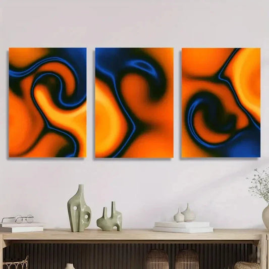 3pcs Orange & Blue Dynamic Line Drawing Metal Print Ready to Hang Art