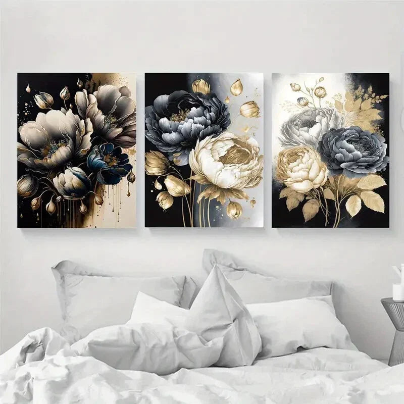 3pcs Roses, White, Golden, and Black Rose Bouquet Metal Print Ready to Hang Art