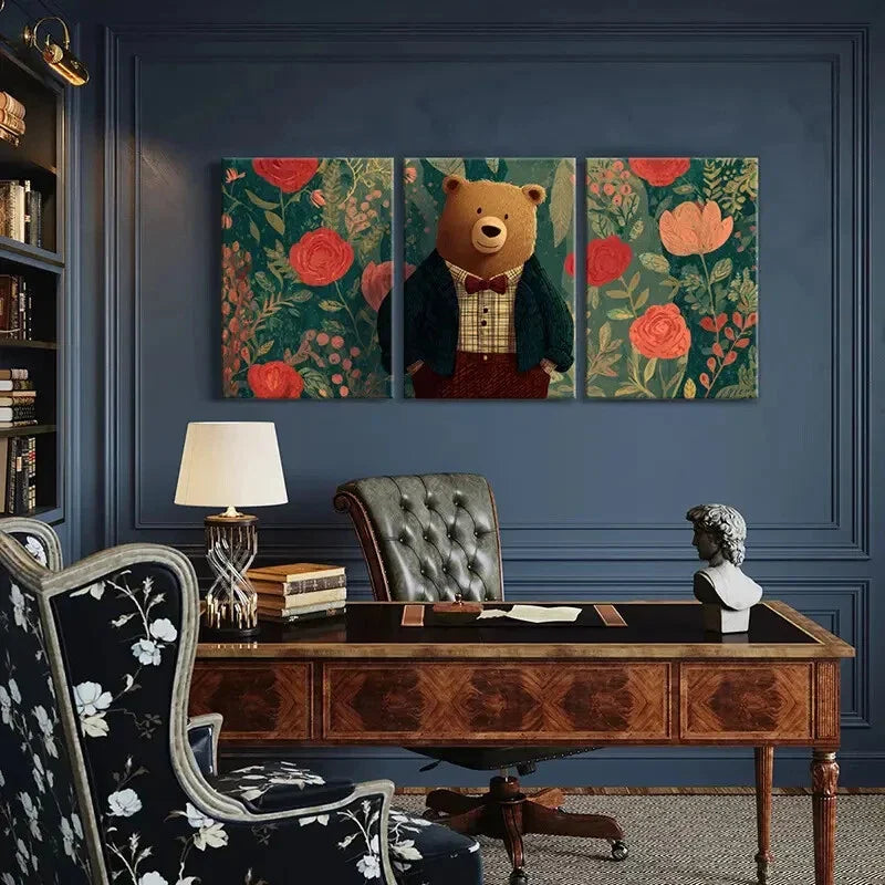 3pcs Elegant Bear In Suit Floral Background Metal Print Ready to Hang Art