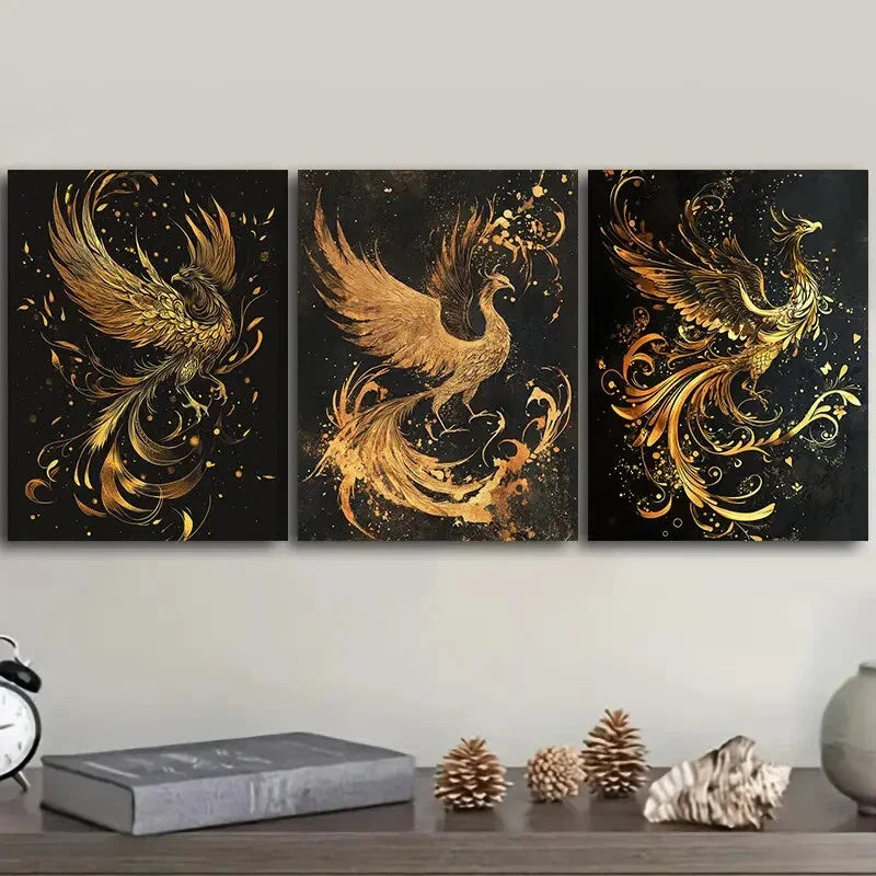 3pcs The black and gold phoenix Metal Print Ready to Hang Art