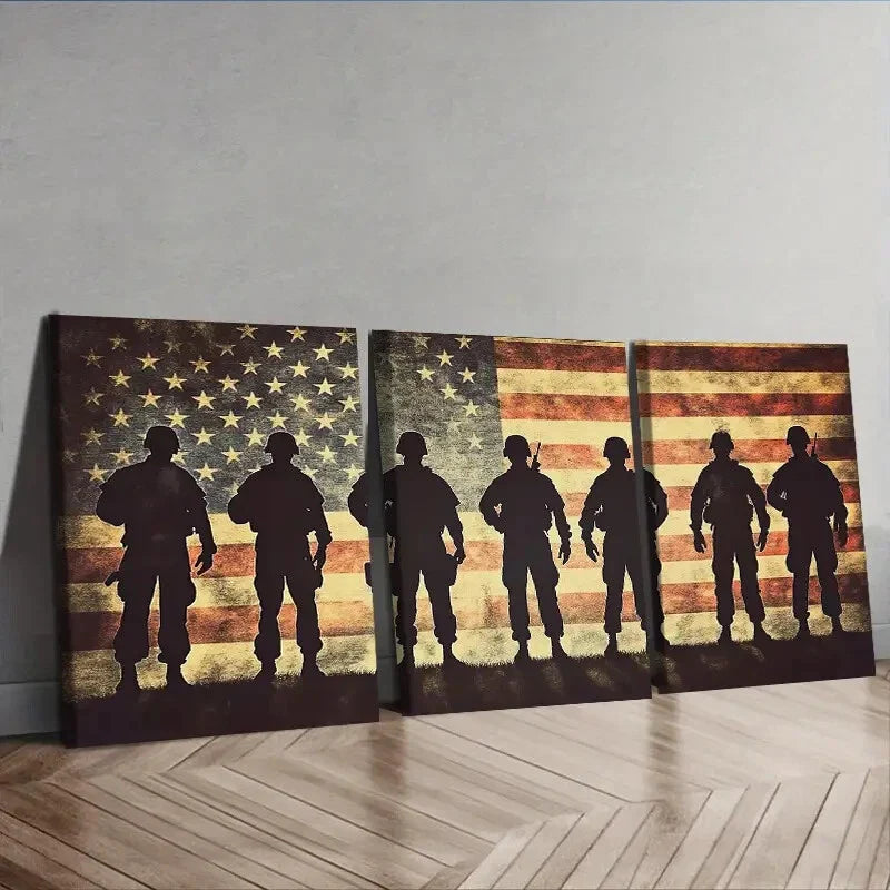 3pcs Soldiers in front of the American flag Wall Art Set Canvas Framed 40x60cm - High Quality Print 100% Australian Made Wall Canvas Ready to Hang