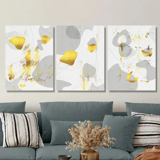 3pcs Luxurious Abstract Golden Gray Marble Texture Metal Print Ready to Hang Art