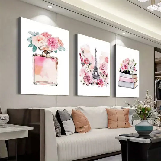 3pcs Pink Perfume & Parisian Fashion Canvas Framed 40x60cm - High Quality Print 100% Australian Made Wall Canvas Ready to Hang