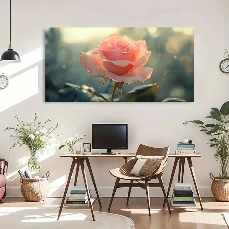 Pink Rose Delicate Floral Wall Art Canvas Office Home Room Framed 80x45cm