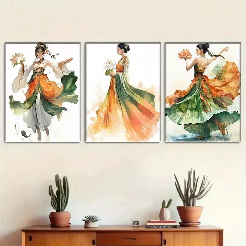 3pcss Traditional Chinese Beauty dancing Wall Art Set Canvas Framed 40x60cm - High Quality Print 100% Australian Made Wall Canvas Ready to Hang