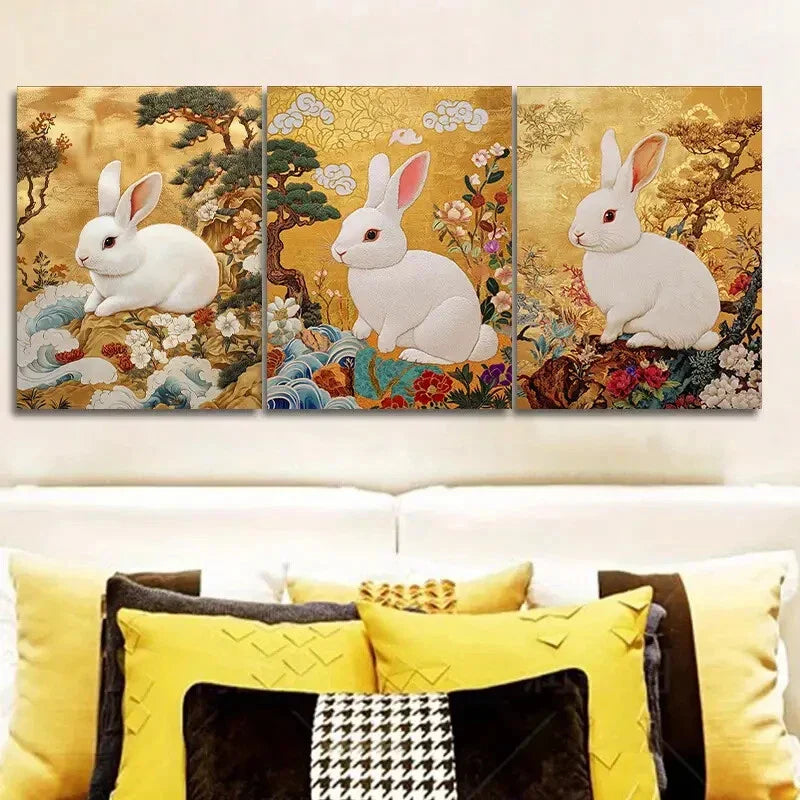3pcs Little white rabbit embroidery Metal Print Ready to Hang Art